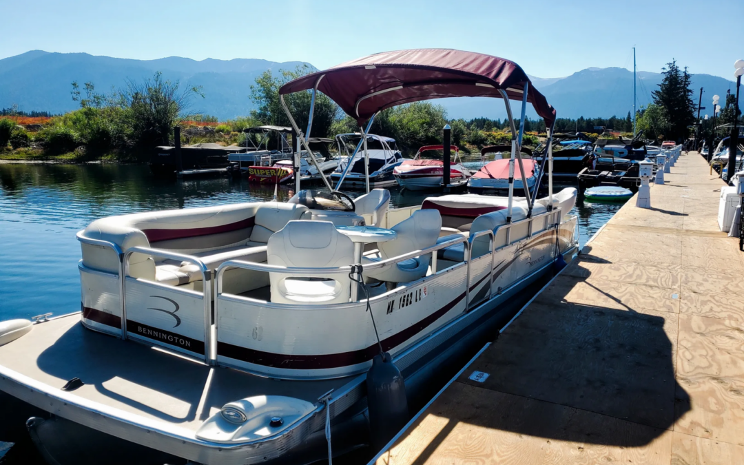 Front view of a modern Discover Tahoe Cruises party pontoon boat