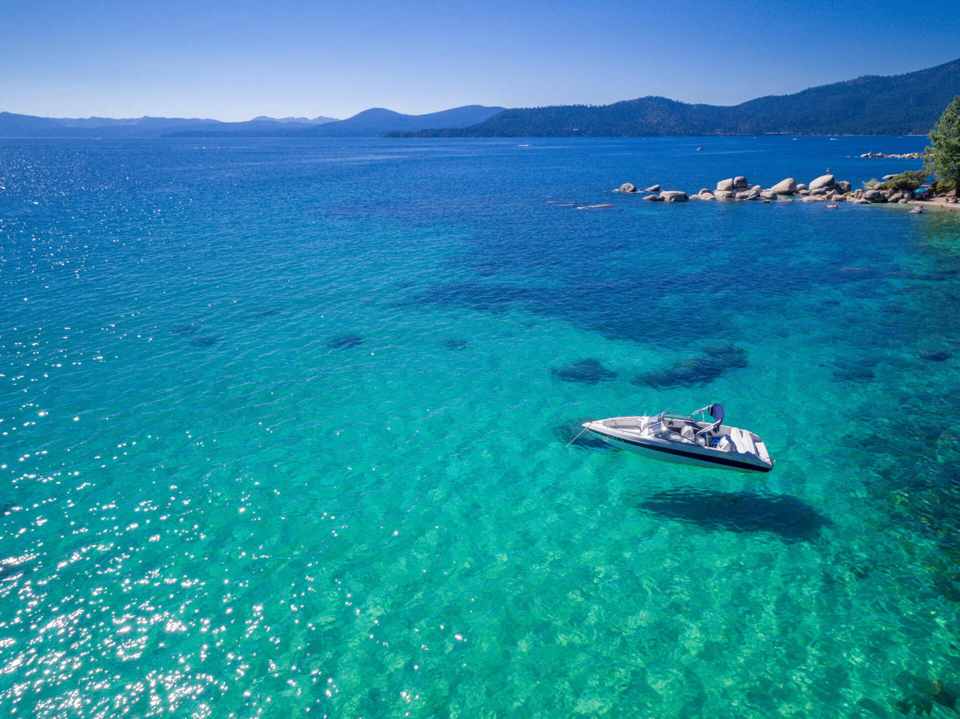 Aerial of boat in Emerald Bay, Lake Tahoe, Nevada